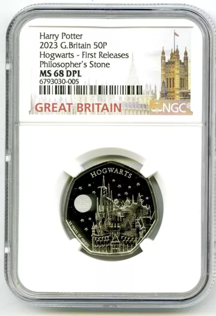 2023 Great Britain 50P Unc Ngc Ms68 Dpl Hogwarts School Potter First Releases