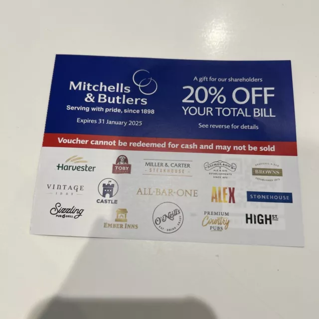 MITCHELLS & BUTLERS 20% OFF Miller & Carter Harvester Toby etc EXP 31/1/25