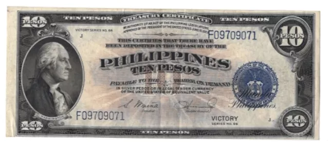 1944 (Nd) Philippines 10 Pesos-Series 66 "Victory", Ww Ii, Fr-97, Vf/Xf