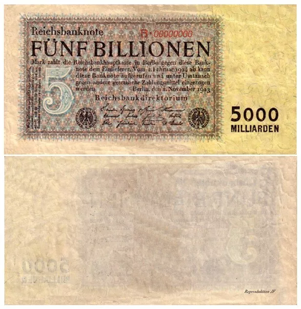 Reichsbanknote, 5 Billionen Mark, 5000 Milliarden, 1923, Reproduktion