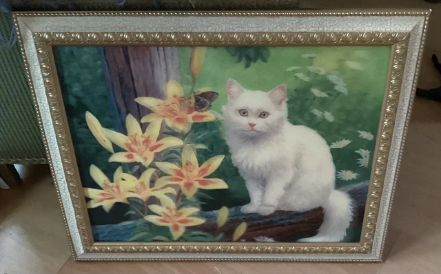 Vintage Framed 3 Dimensional Picture 18.5” x 14.5” White Cat & Butterfly Kitsch