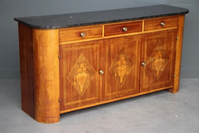 Antique French Art Deco marble top sideboard marquetry inlay doors drawers  1930
