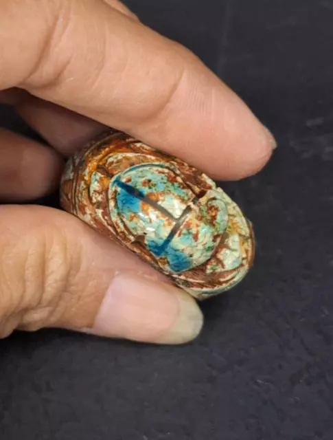 Ancient Faience Scarab Amulet Bead Egypt Tomb Pharaoh Protection Ring Statue