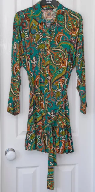 Worn Once, ZARA Paisley-Print Ladies SHIRT DRESS, Tie Belt, Flouncy Hem, Size S