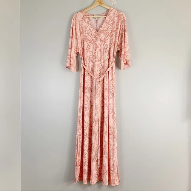 Haute Hippie Tribe Womens Maxi Dress Pink V Neck Faux Wrap Fringe Slit Flowy XS