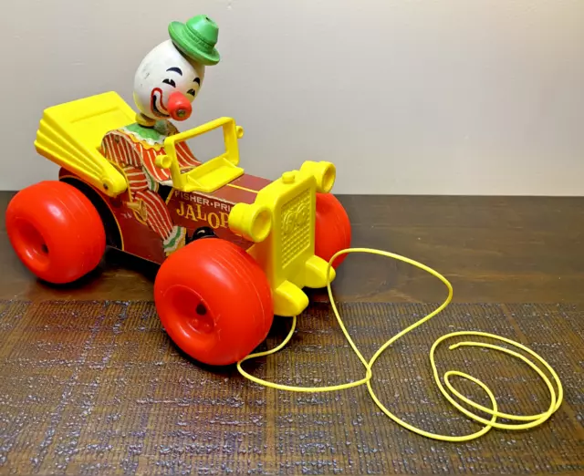 Vintage 1965 Wooden Fisher Price Jolly Jalopy Circus Clown Pull Toy #724 Works