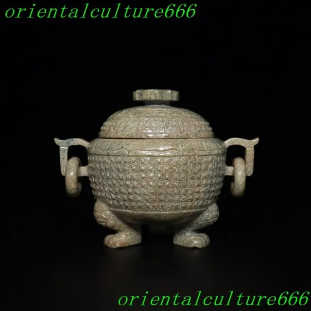 6.8"China Hetian jade Carved Ancient moire Both ears beast Incense burner Censer