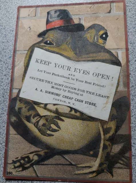 Canton N.Y.  A. Simmon's Cheap Cash store trade card   Frog Eyes Open  1870