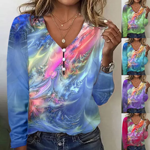 T-Shirt Colorate Tie-Dye Camicetta A Maniche Lunghe Maglione Abbottonato Con -