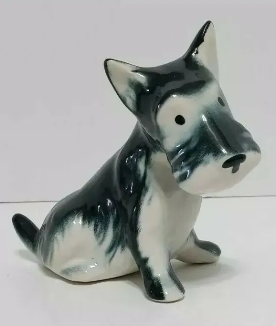 Vintage Schnauzer Terrier Dog Figurine Blue & White 5" 40s MCM Ceramic Statue