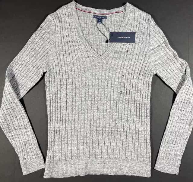 Tommy Hilfiger Sweater Womens Size  Medium V-Neck Grey Cable Knit Classic NEW