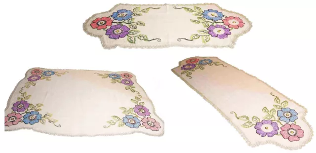 Vintage Hand Embroidered Tablecloth & 2 Table Runners – Beige – Crocheted Edge
