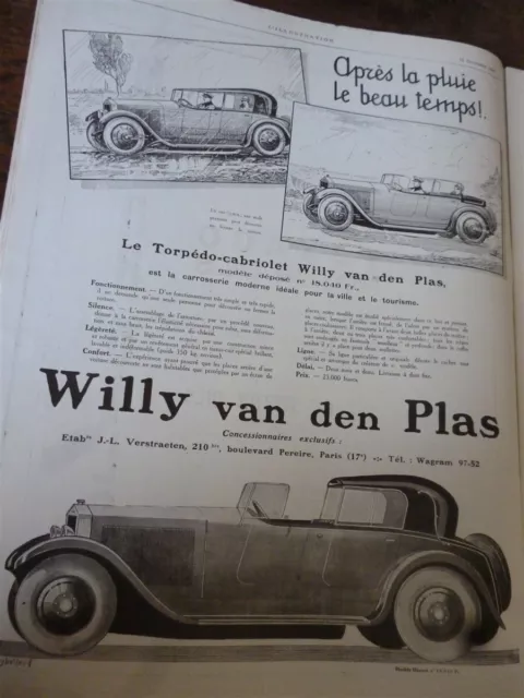 WILLY VAN DEN PLAS voiture + huile TEXACO publicité papier ILLUSTRATION 1925