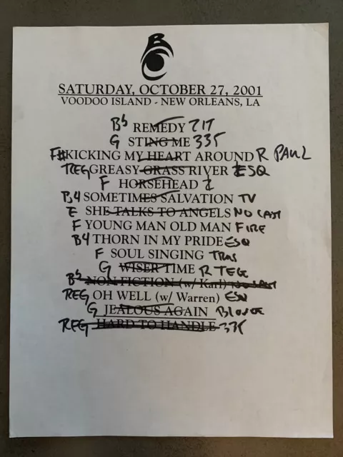 The Black Crowes 10-27-01 Tour Concert Used Set List W/ Notes New Orleans, LA