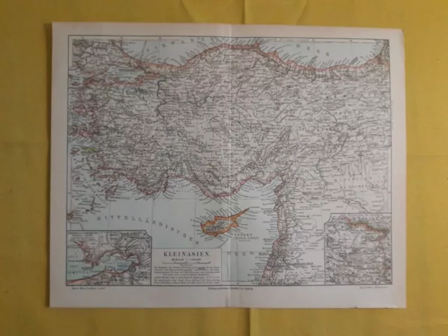 1912 TURKEY ASIA MINOR CYPRUS Vintage Geography Map ORIGINAL 11.5 x 9.5"- C11-7