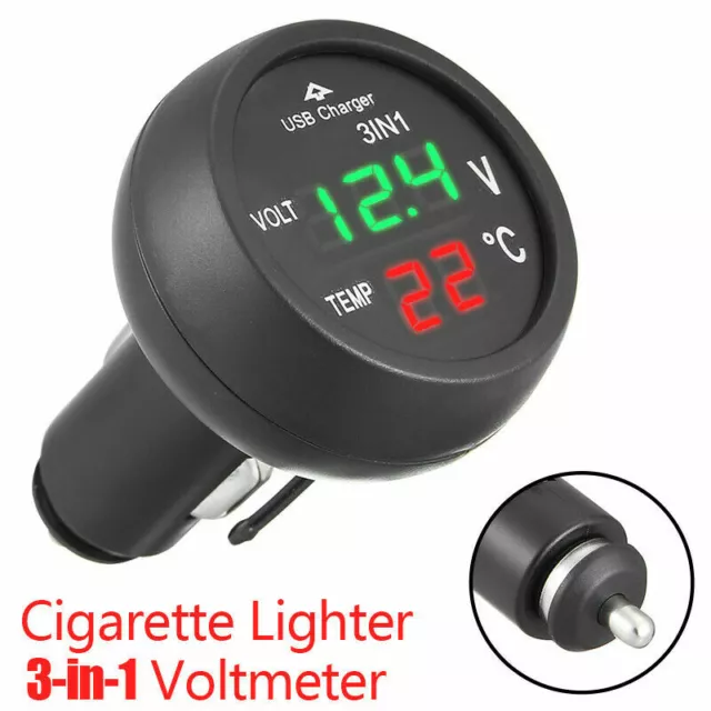 USB Charger Cigarette Lighter Socket Adapter Splitter Volt Meter Thermometer 12V