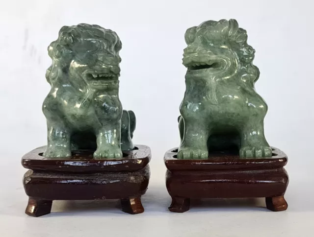 Pair Of Chinese Carved Foo Dogs Celadon Nephrite Jade Carved Sculpture On Stands