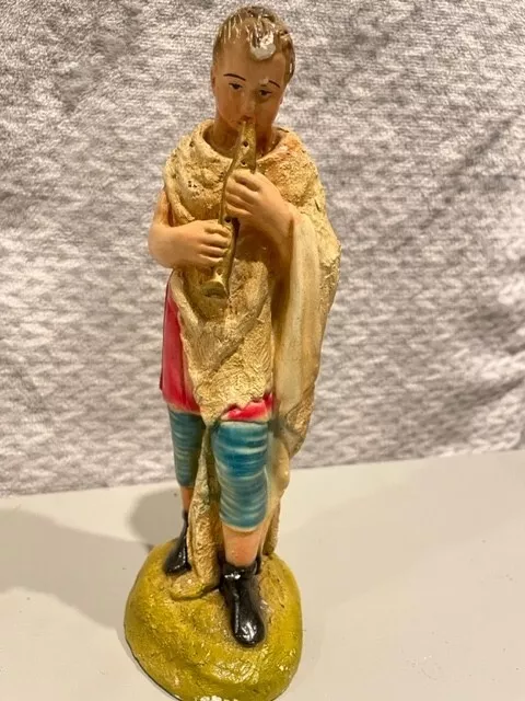 Vintage Large Chalkware Plaster Christmas Nativity Shepard Flute 9" Statue 1940s