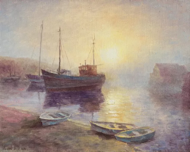 Painting, Boats by shore, Oil Original Art Painting 16х20" RUSSIAN Artist IVANOF