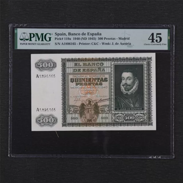 1940 Spain Banco de Espana 500 Pesetas Pick#119a PMG 45 Choice Extremely Fine