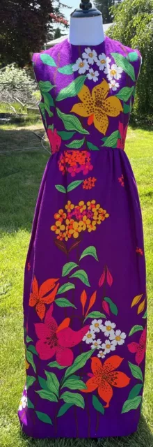 Vintage Bark Cloth Dress Hawaiian Beaded 🍒🍒Size M Floral 60s