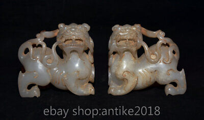 3.2" Old Chinese Natural Hetian Jade Carved Foo Fu Dog Guardion Lion Statue Pair