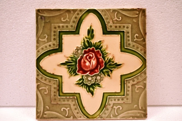 Antique M.S. Tile Work Japan Majolica Art Nouveau Porcelain Geometric Floral"J74 2
