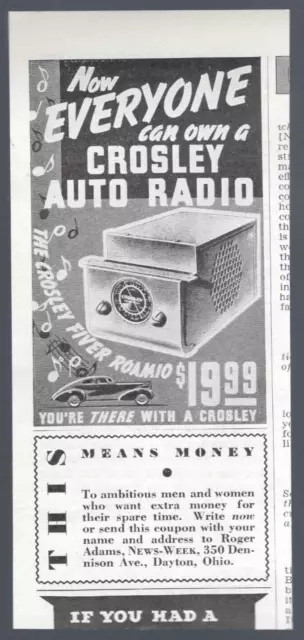 1937 Crosley Auto Radio Print Ad Crosley Fiver Roamio ~Fc073