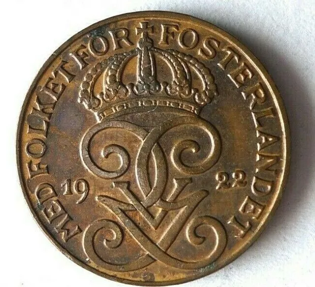 1922 Suède Ore - Au - Haute Qualité Pièce de Monnaie Poubelle #18