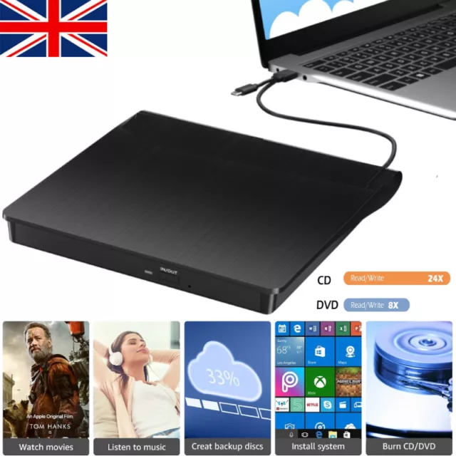 External CD DVD Drive For PC Laptop Windows 11 10 USB 3.0 Player Burner Writer