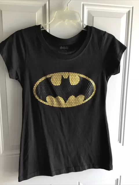 Batman DC  Comic Junior Girl Black Gold Foil Oval Logo L(11-13) T-Shirt.