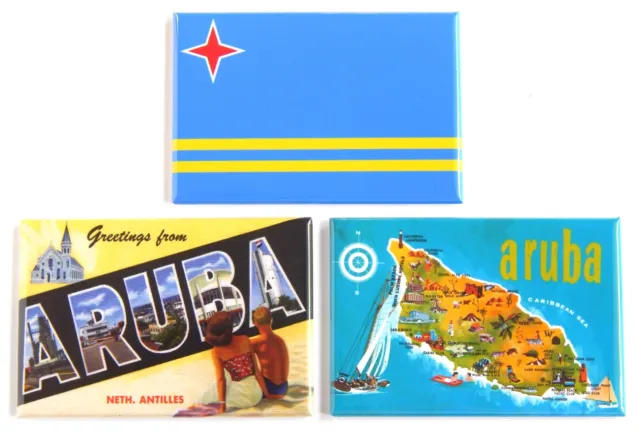 Greetings from Aruba FRIDGE MAGNET Set travel souvenir flag map