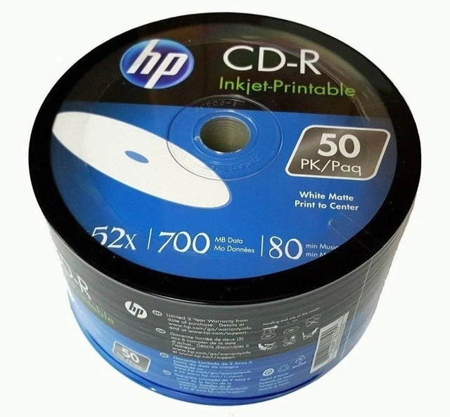 25 PACK HP BLANK 52X CD R CDR Printable Disc 700 MB Data 80 Min Music 