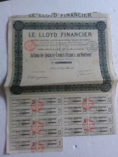 W94 Action ancienne : SA le Lloyd Financier action de quatre cents francs au por