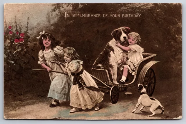 Animal~Dog~Birthday Greeting~Children Pull Cart w/Dog & Child~British Vintage PC