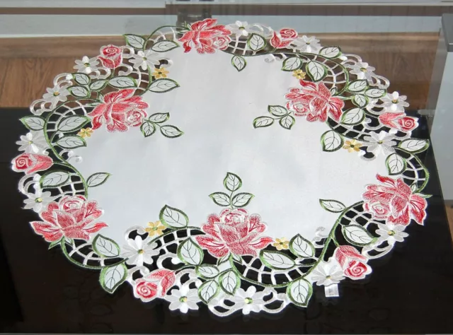 Tischdecke Rund Mitteldecke 60 cm Rot Bestickt Decke Rose Tischdekoration Sommer
