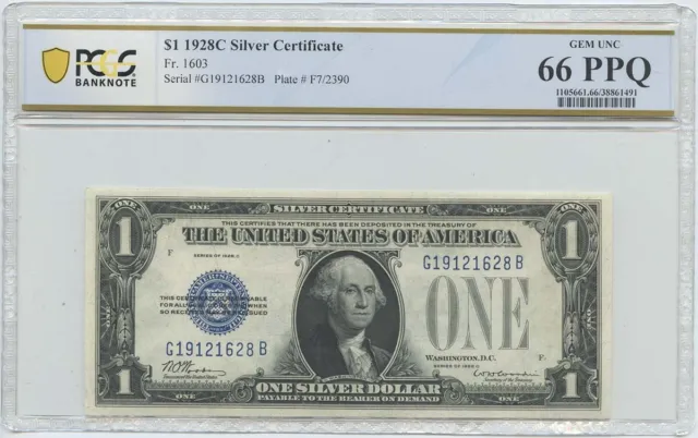 1928C $1 Silver Cert FR#1603 PCGS BankNote 66 Gem UNC PPQ