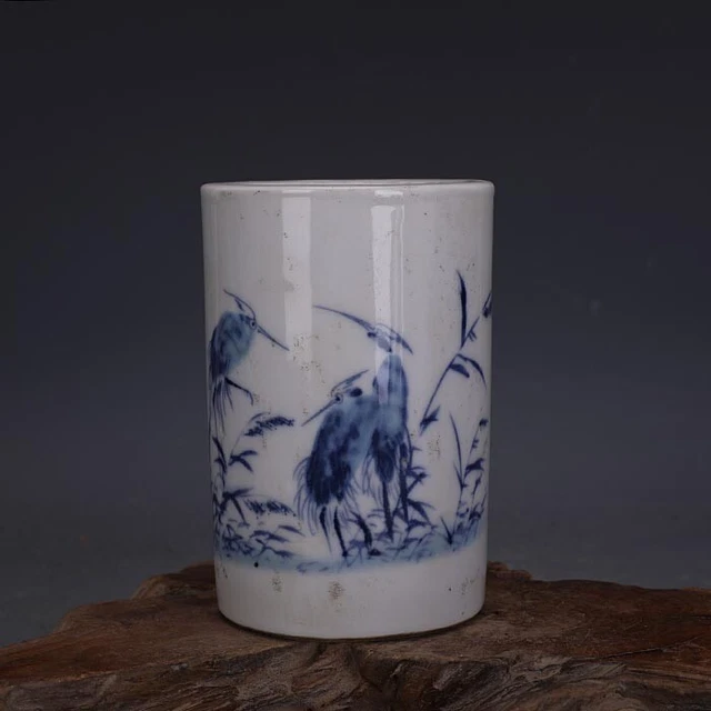 4.8" Collect China Blue White Porcelain Hand Painting Aigrette Brush Pot