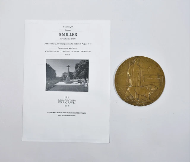 Ww1 death plaque sapper septimus miller 248th field coy royal engineers