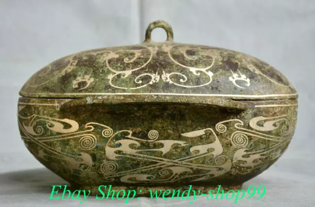 10" Old Chinese Bronze Ware Silver Dynasty Lids Pot Jar Crock Food vessels Box