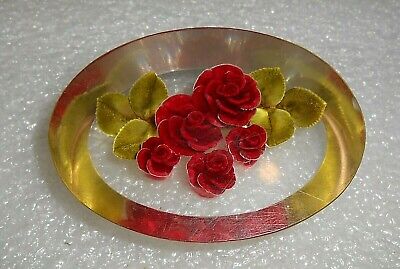 Vintage Oval  Reverse Carved Lucite Red Roses  Flower Pin Brooch