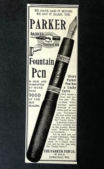 1904 Parker Fountain Pen Advertisement Lucky Curve Geo.S Antique Print AD