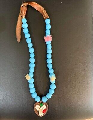 Rare Antique Opaque Czech Bohemian Turquoise Glass & Leather Trade Bead Necklace 2