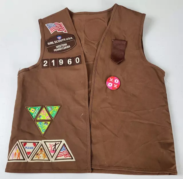 Girl Scouts U.S.A. Brownie Vest with 28 Patches & 1 Pin Western PA Troop Nice