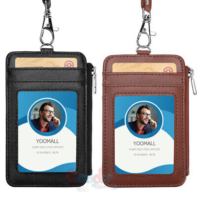 Badge Holder Leather ID Card Wallet Neck Lanyard Strap License With Zipper RFID