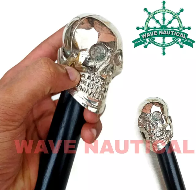 Walking Stick Cane Vintage Style Brass Solid Designer Skull Head Handle Wooden