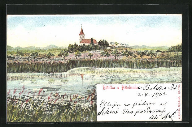 Künstler-AK Bisicka u Lazne Belohrad, Ausblick auf die Kirche am See 1902