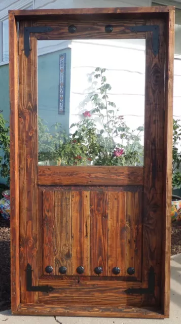 Rustic reclaimed solid lumber Doug Fir square top glass door kitchen winery iron