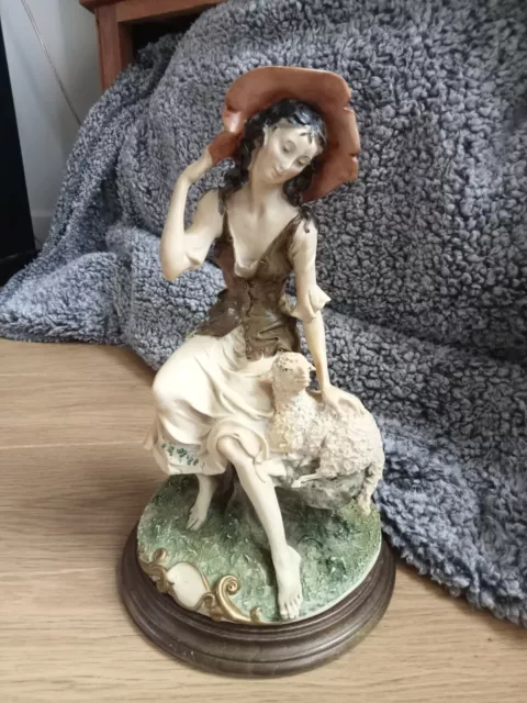 Vintage Large Heavy Capodimonte of Lady with Lamb by A. Giarette? on Wood Base.
