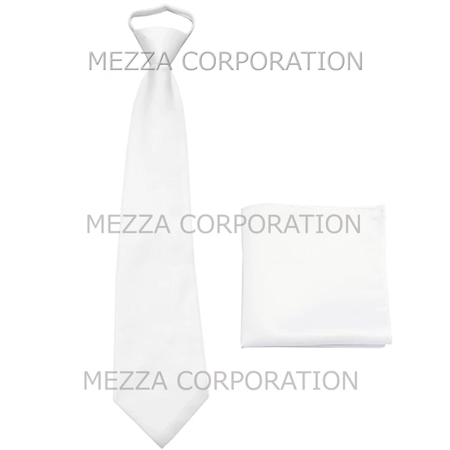 New formal men's pre-tied ready knot necktie & hankie set polyester solid white